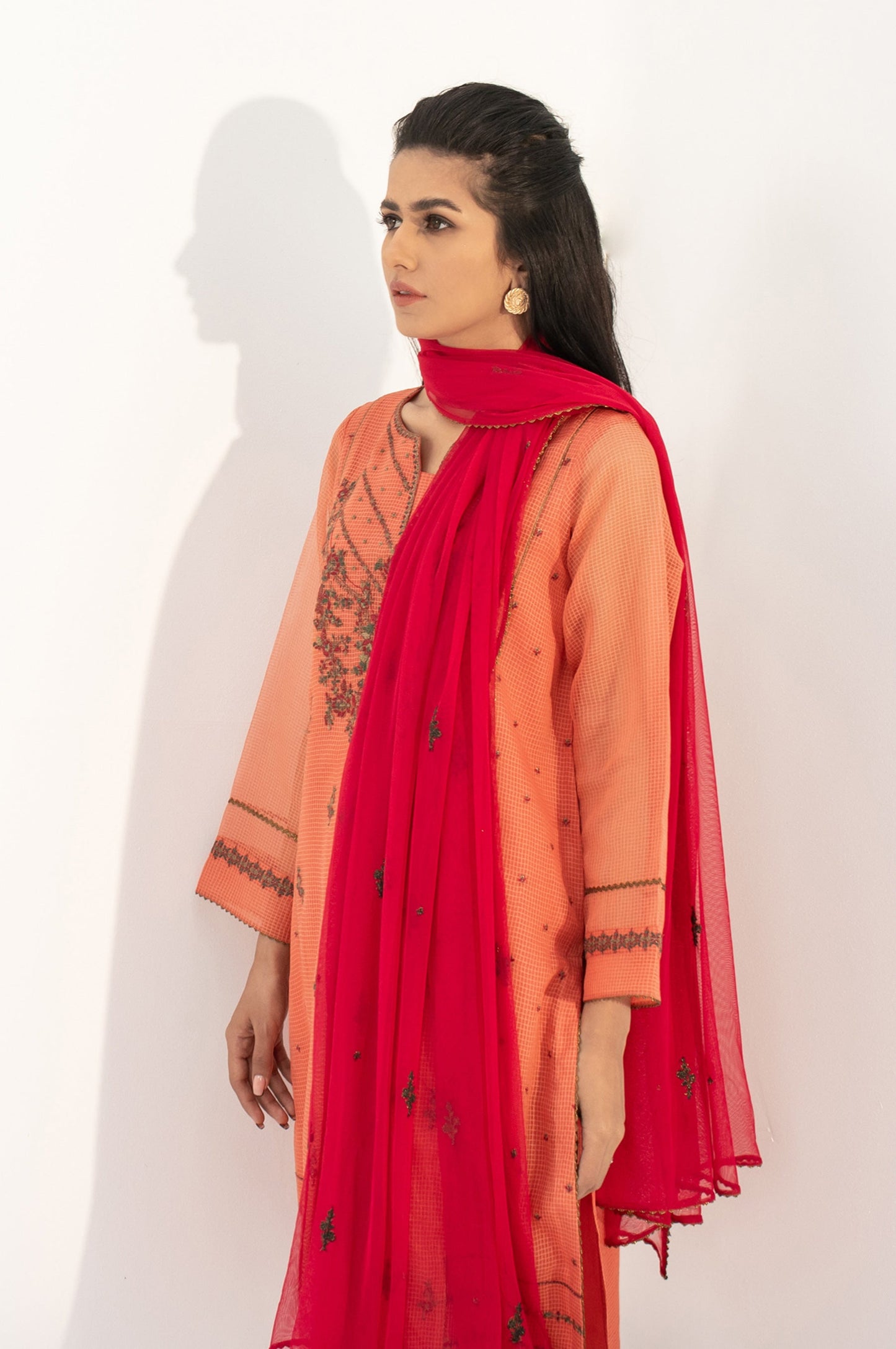 Stitched 3 Piece Embroidered Checkered Organza Outfit