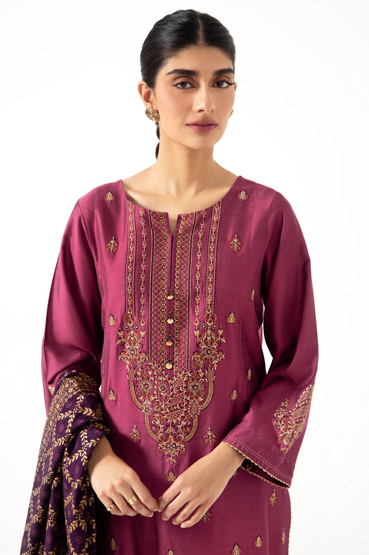 Stitched 3 Piece Cotton Silk Embroidered Outfit