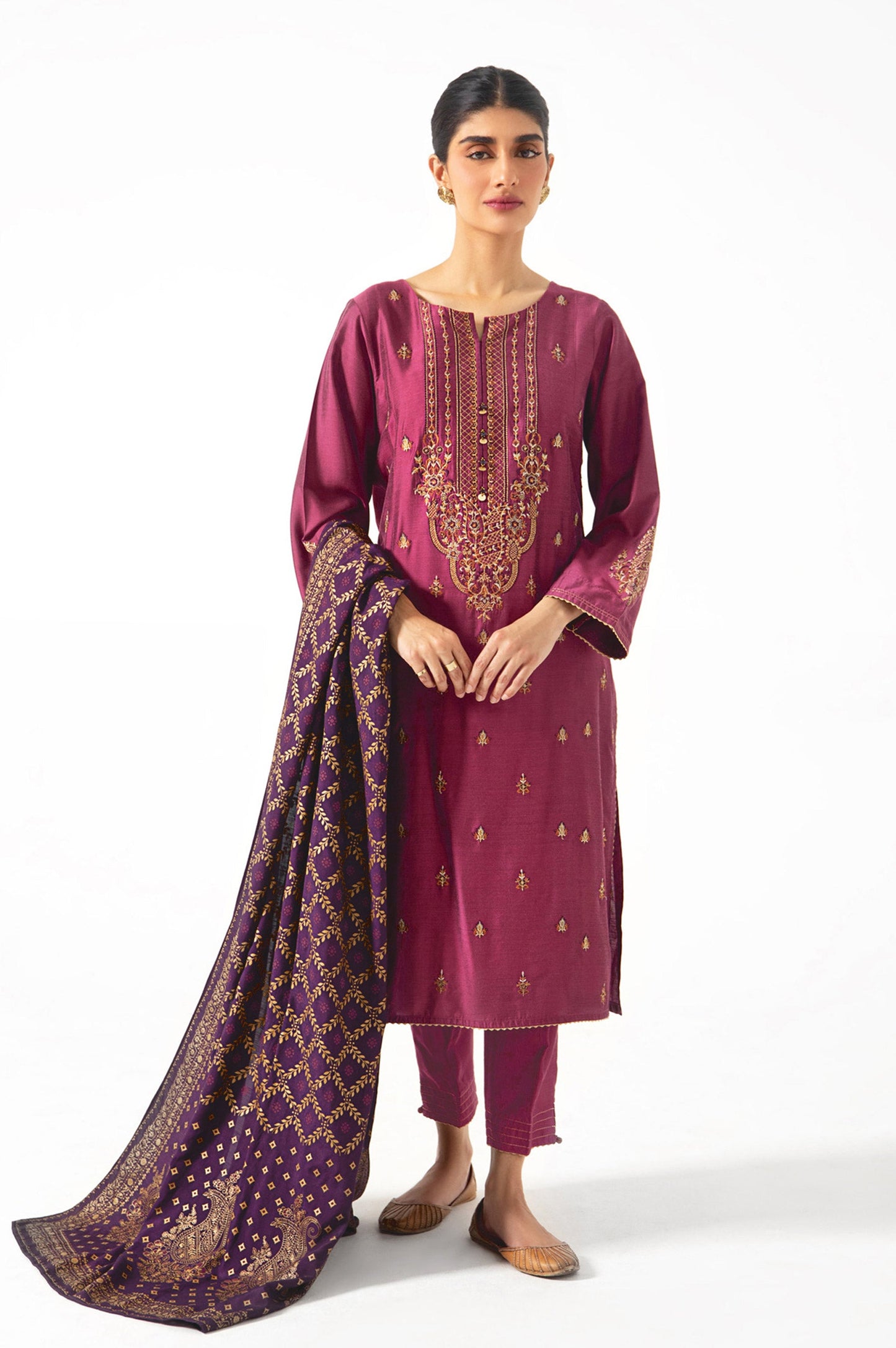 Stitched 3 Piece Cotton Silk Embroidered Outfit