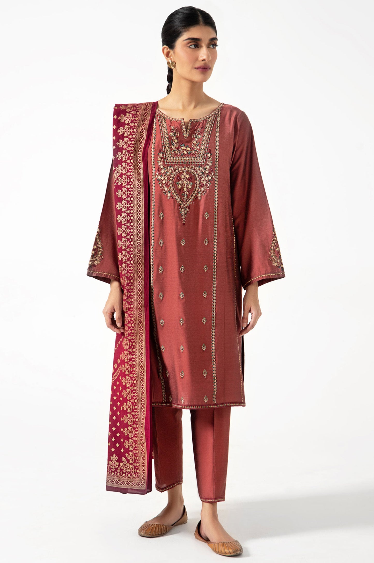 Stitched 3 Piece Cotton Silk Embroidered Suit