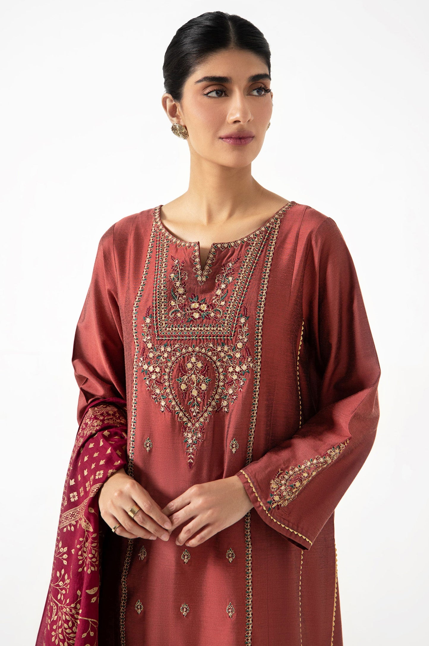Stitched 3 Piece Cotton Silk Embroidered Suit