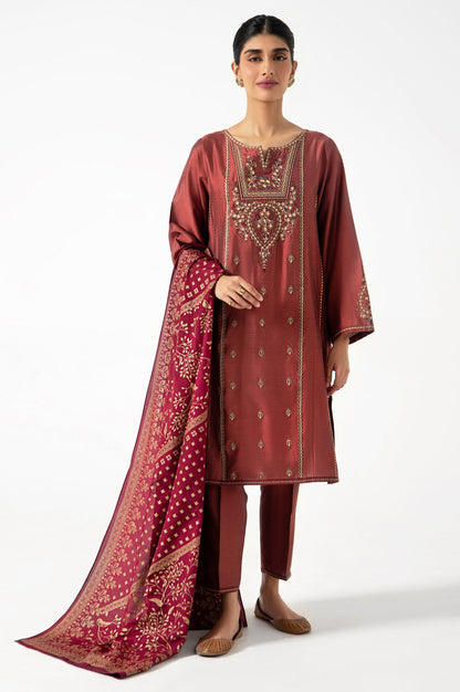 Stitched 3 Piece Cotton Silk Embroidered Suit