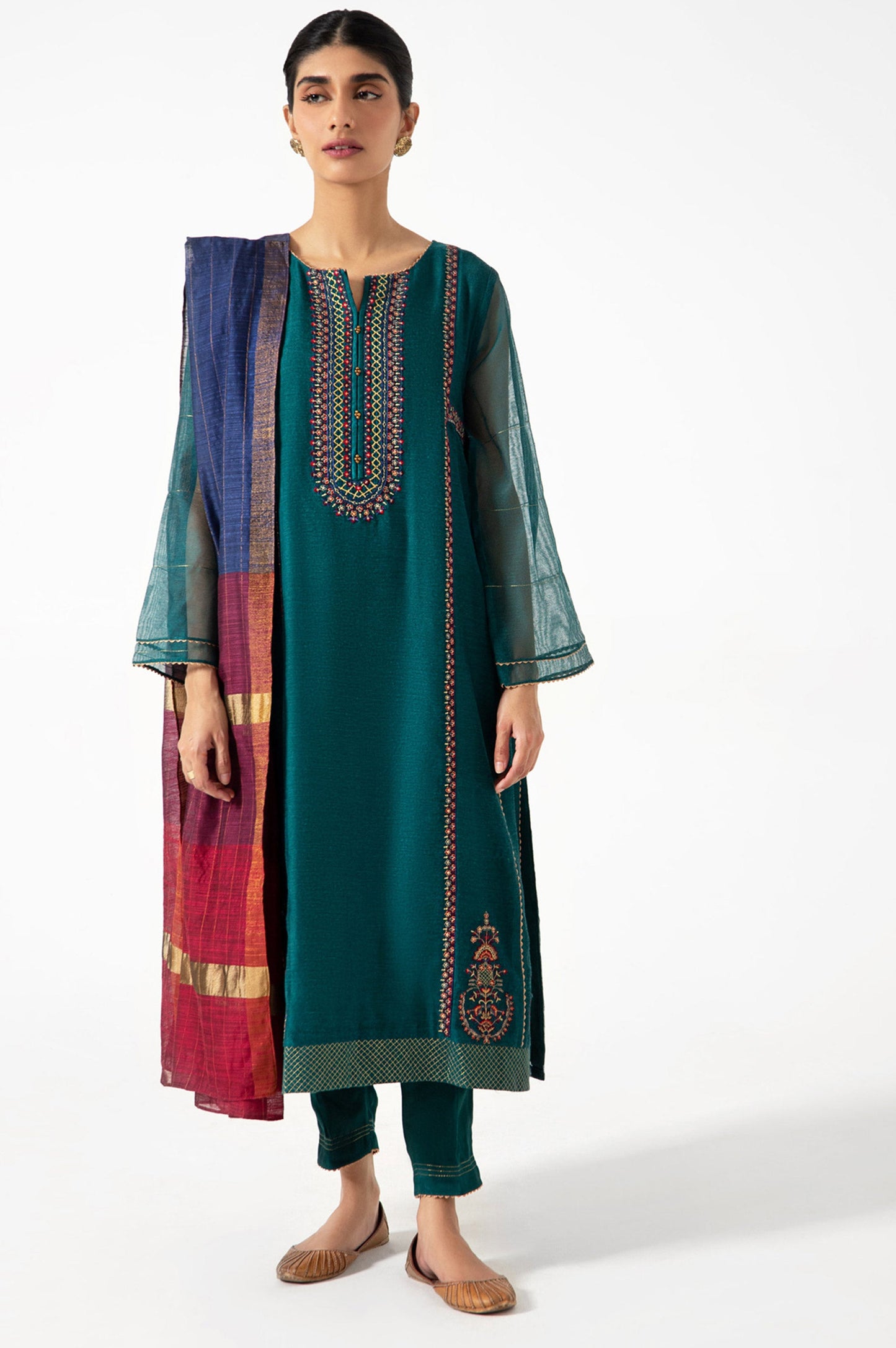 Stitched 3 Piece Khadi Net Embroidered Outfit