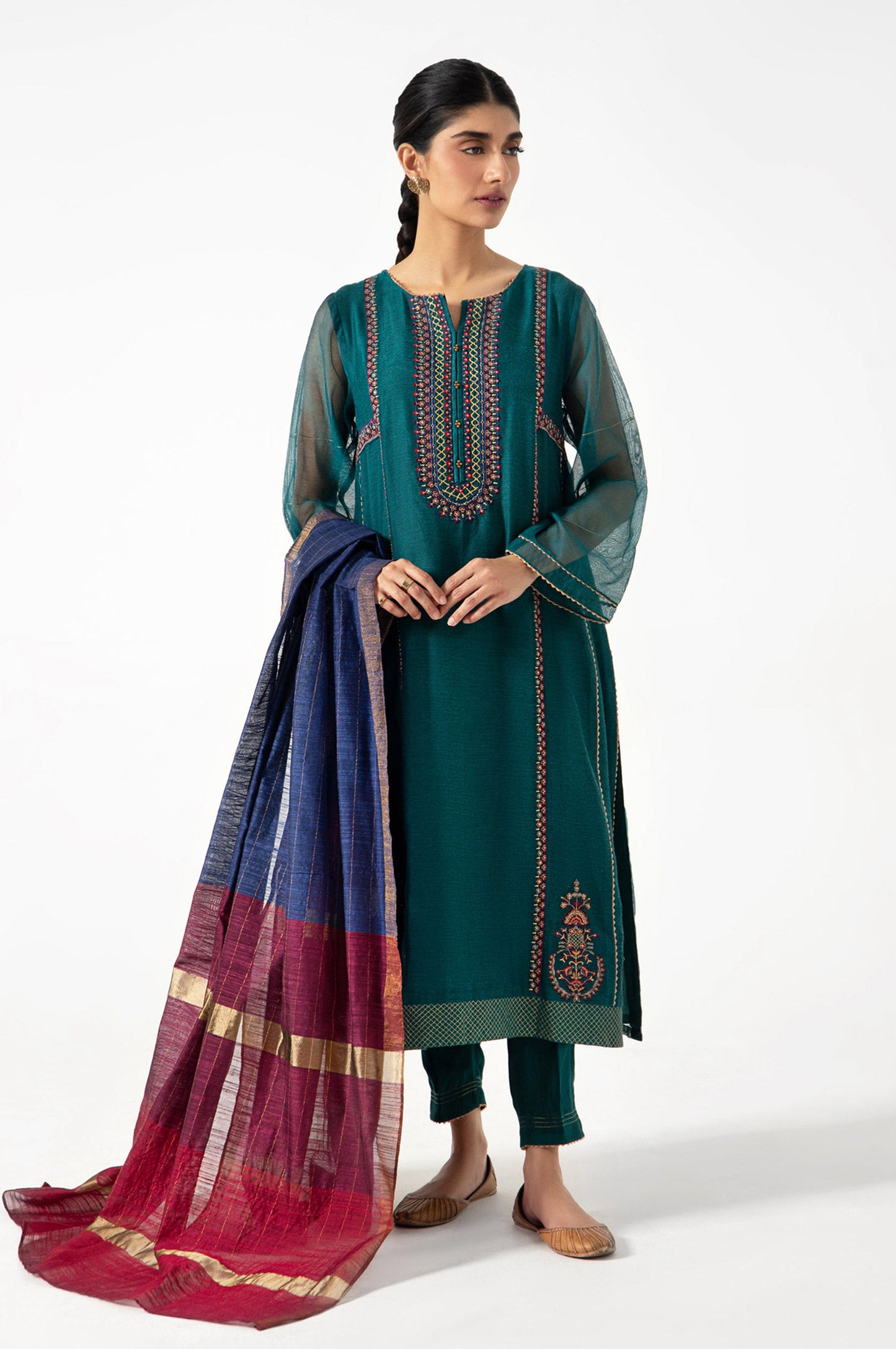 Stitched 3 Piece Khadi Net Embroidered Outfit