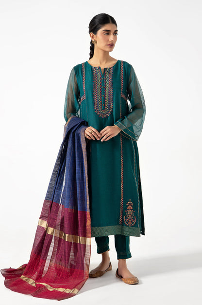 Stitched 3 Piece Khadi Net Embroidered Outfit