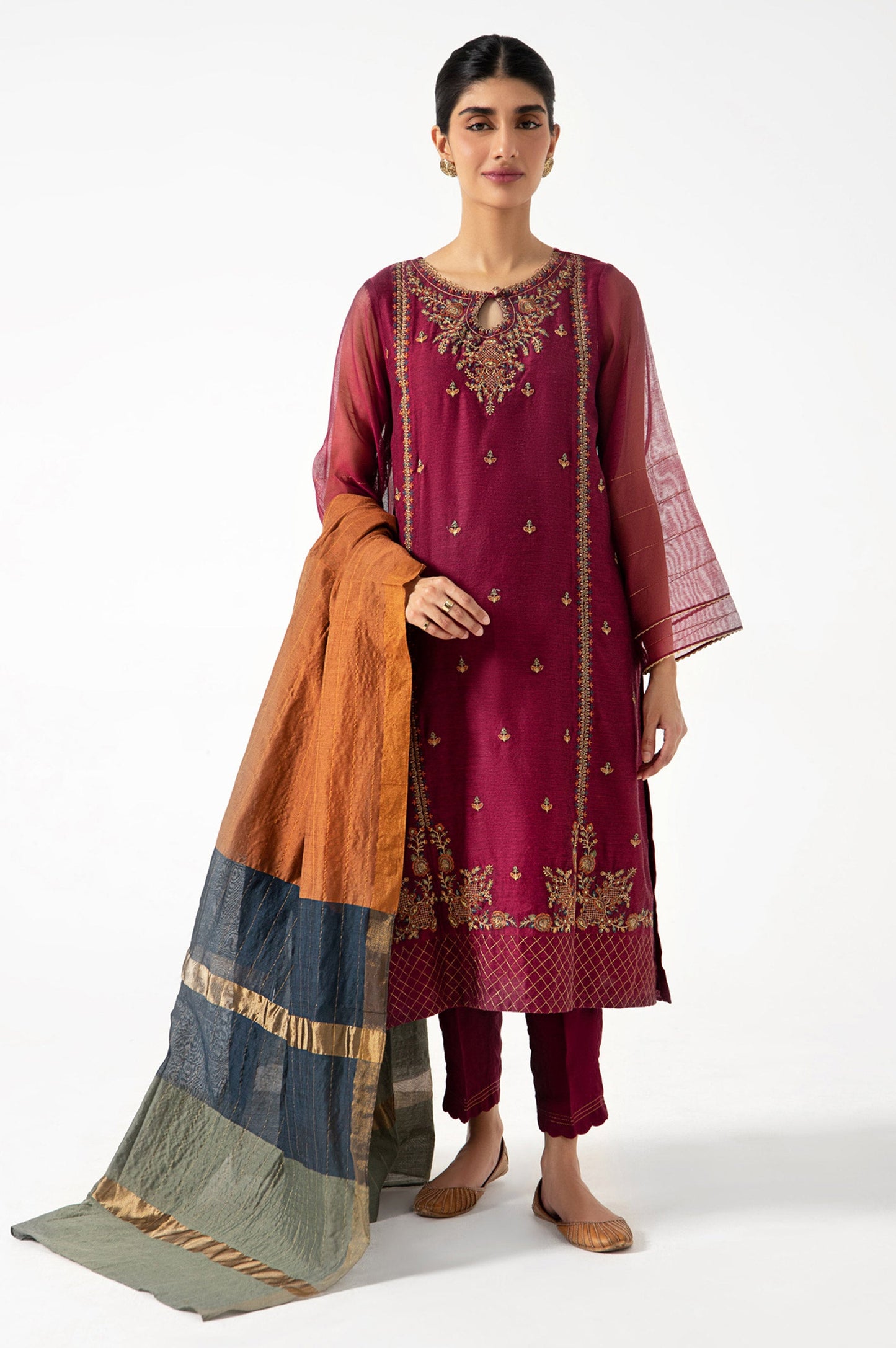 Stitched 3 Piece Khadi Net Embroidered Outfit
