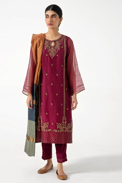 Stitched 3 Piece Khadi Net Embroidered Outfit