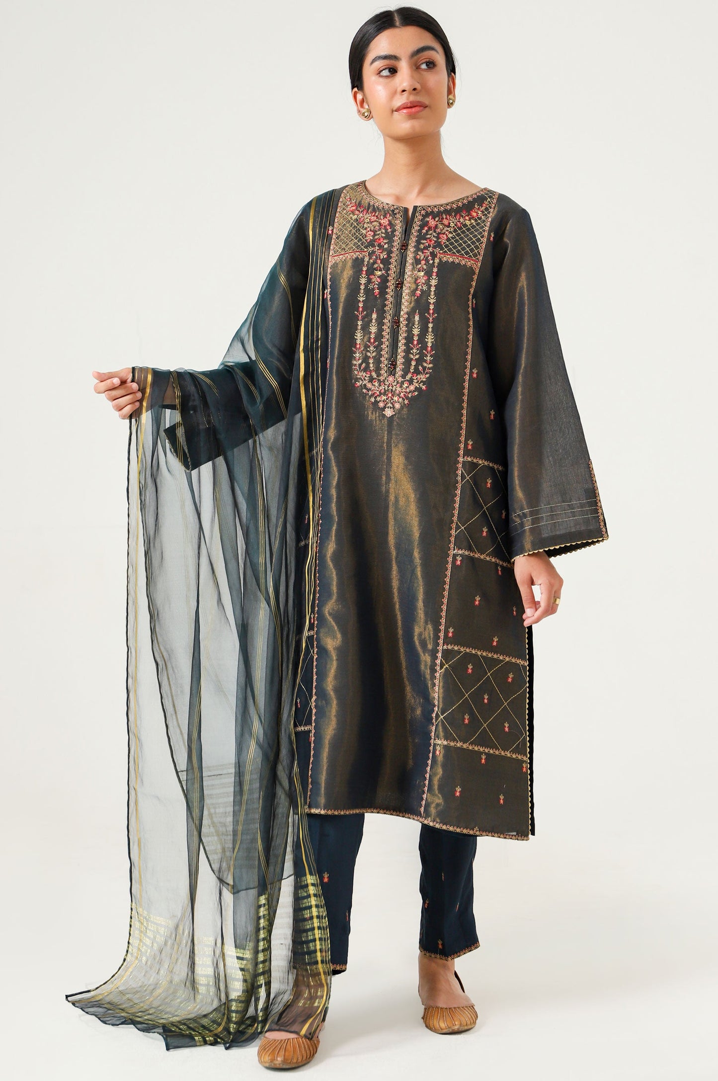 Stitched 3 Piece Cotton Mysuri Embroidered Suit.