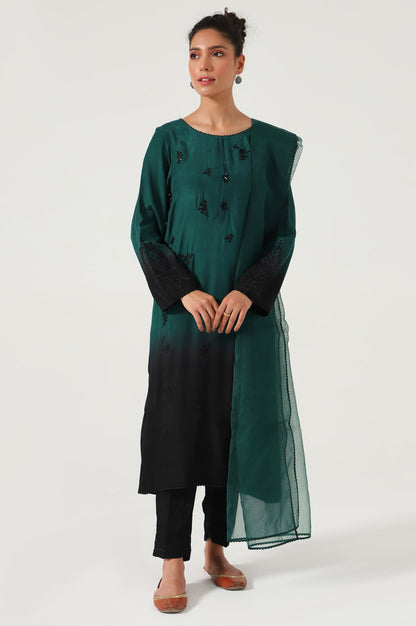 Stitched 3 Piece Embroidered Raw Silk Outfit