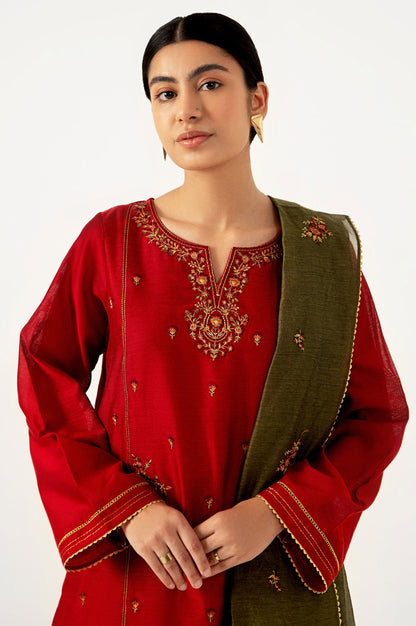 Stitched 3 Piece Cotton Net Embroidered Suit