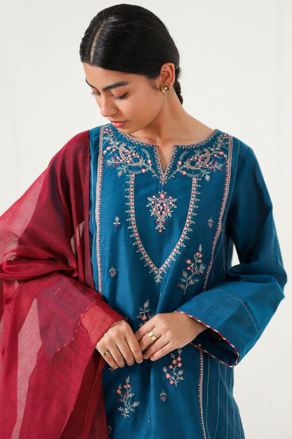 Stitched 3 Piece Cotton Net Embroidered Suit.