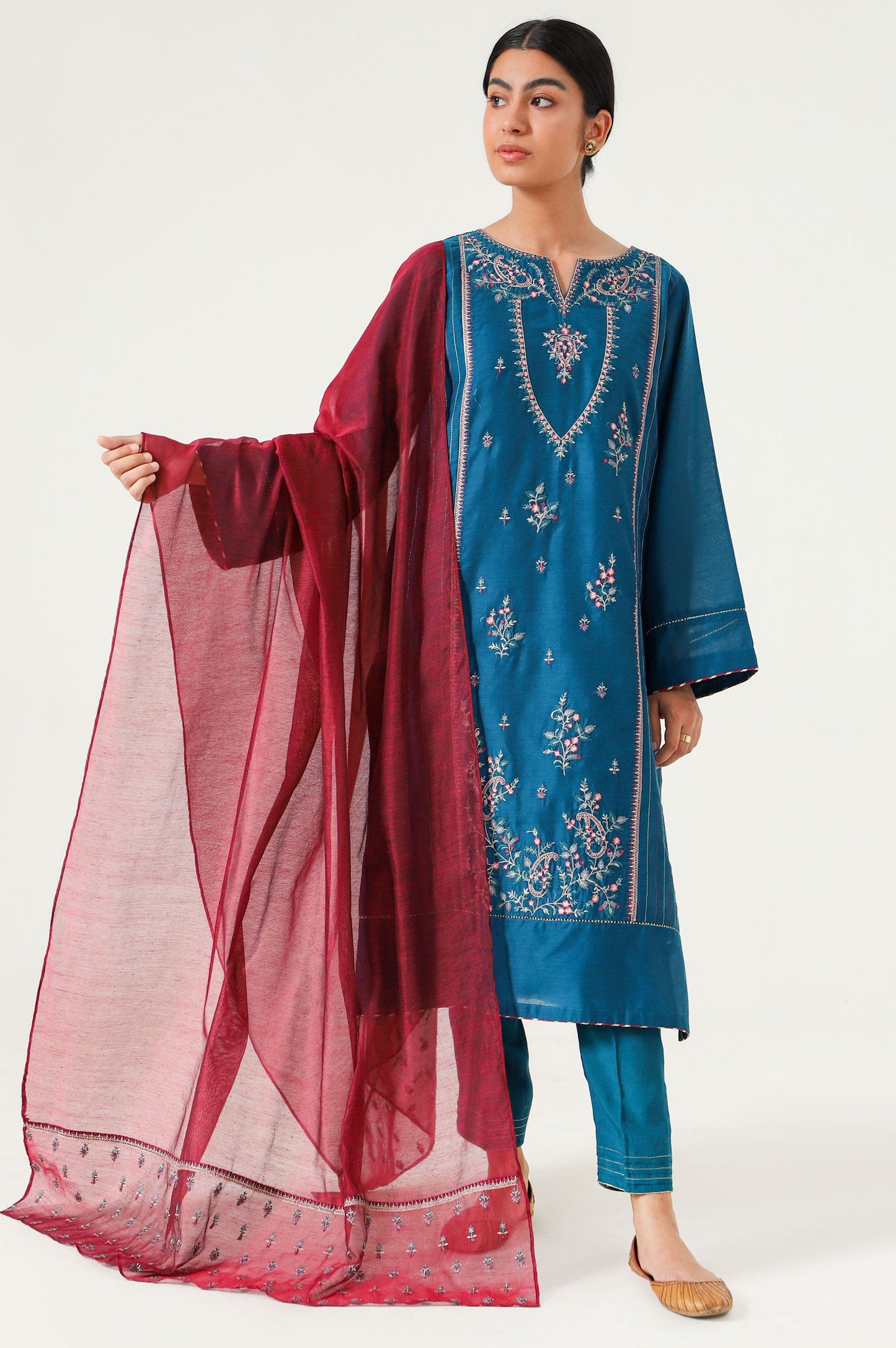 Stitched 3 Piece Cotton Net Embroidered Suit.