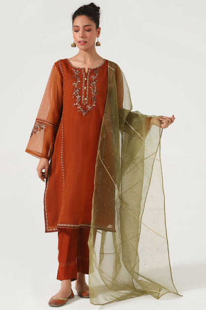 Stitched 3 Piece Textured Organza Embroidered Suit