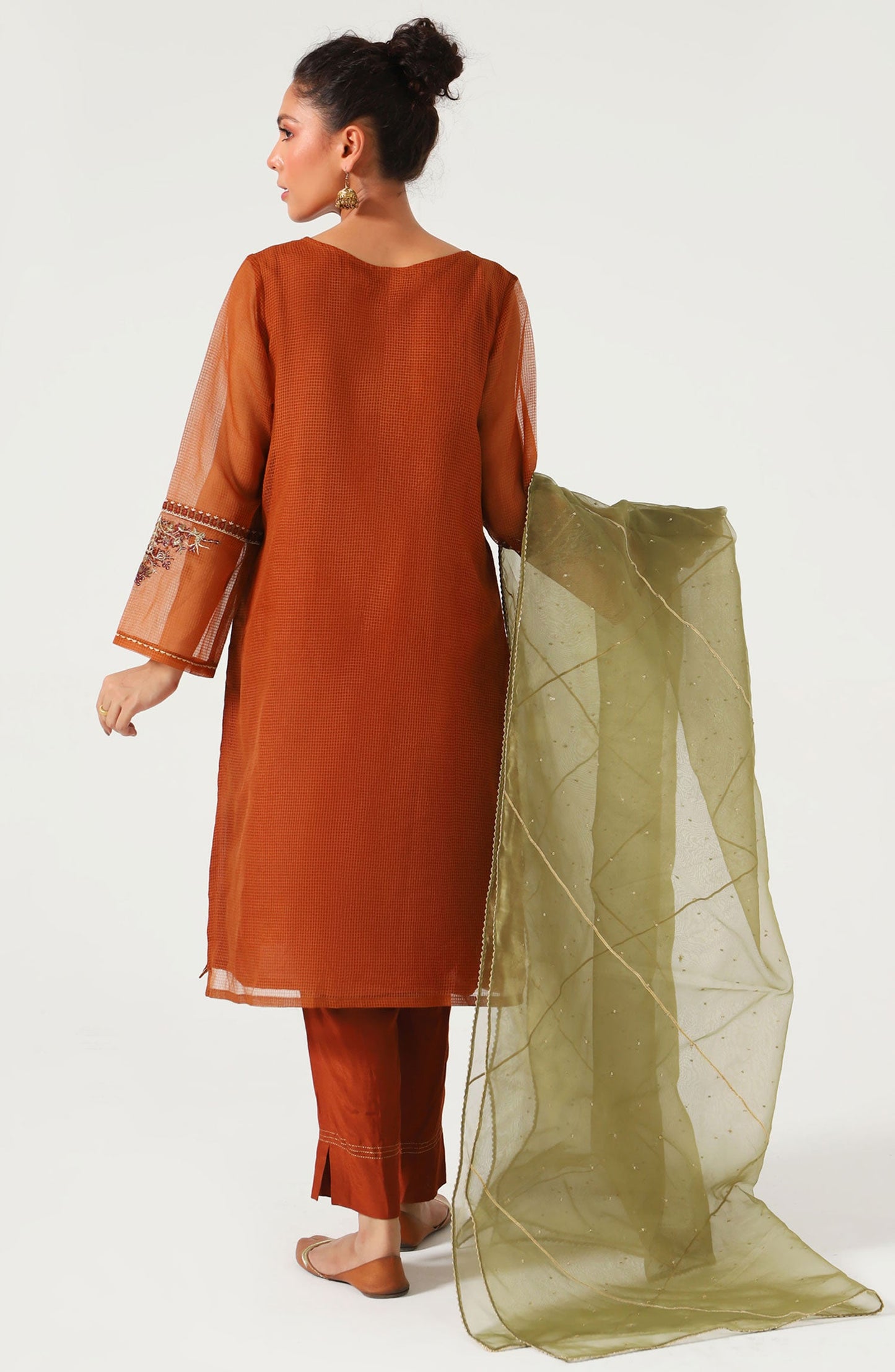 Stitched 3 Piece Textured Organza Embroidered Suit