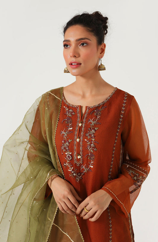 Stitched 3 Piece Textured Organza Embroidered Suit