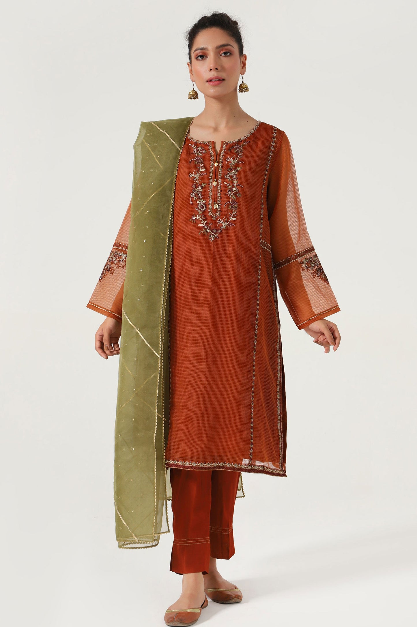 Stitched 3 Piece Textured Organza Embroidered Suit