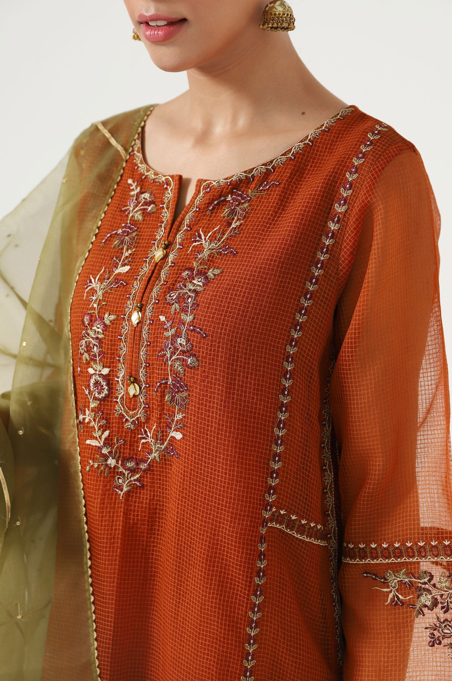 Stitched 3 Piece Textured Organza Embroidered Suit