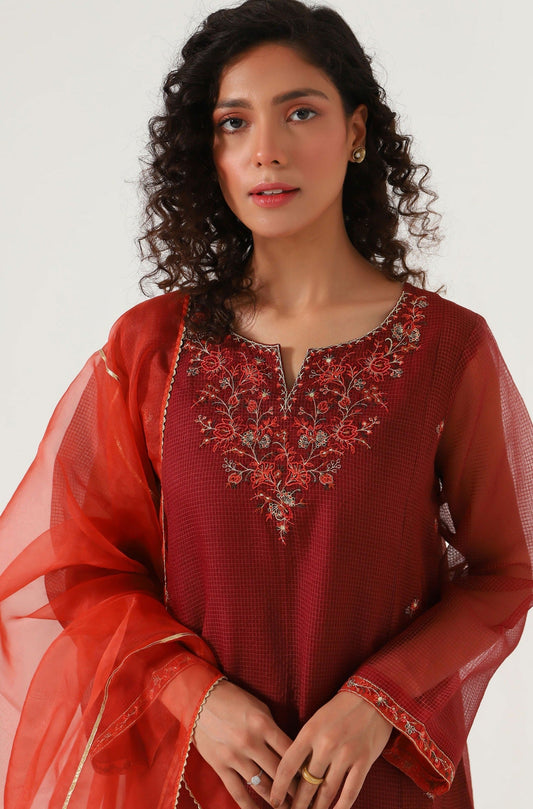 Stitched 3 Piece Textured Organza Embroidered Suit