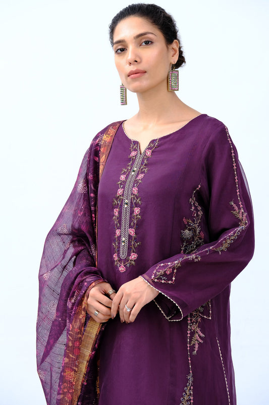 Stitched 3 Piece Digital Printed Organza Embroidered Suit