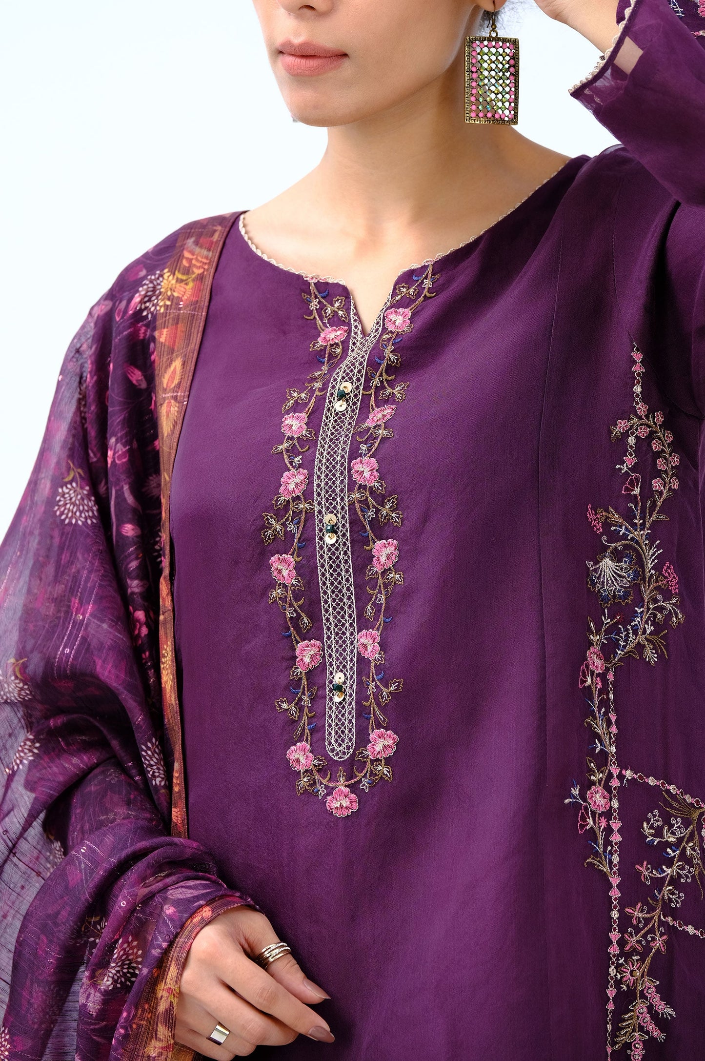 Stitched 3 Piece Digital Printed Organza Embroidered Suit