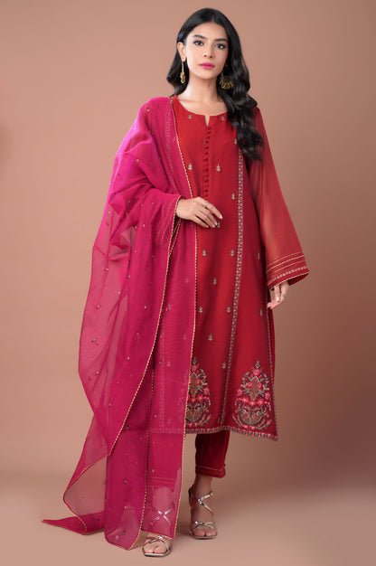 Stitched 3 Piece Khaddi Net Embroidered Outfit