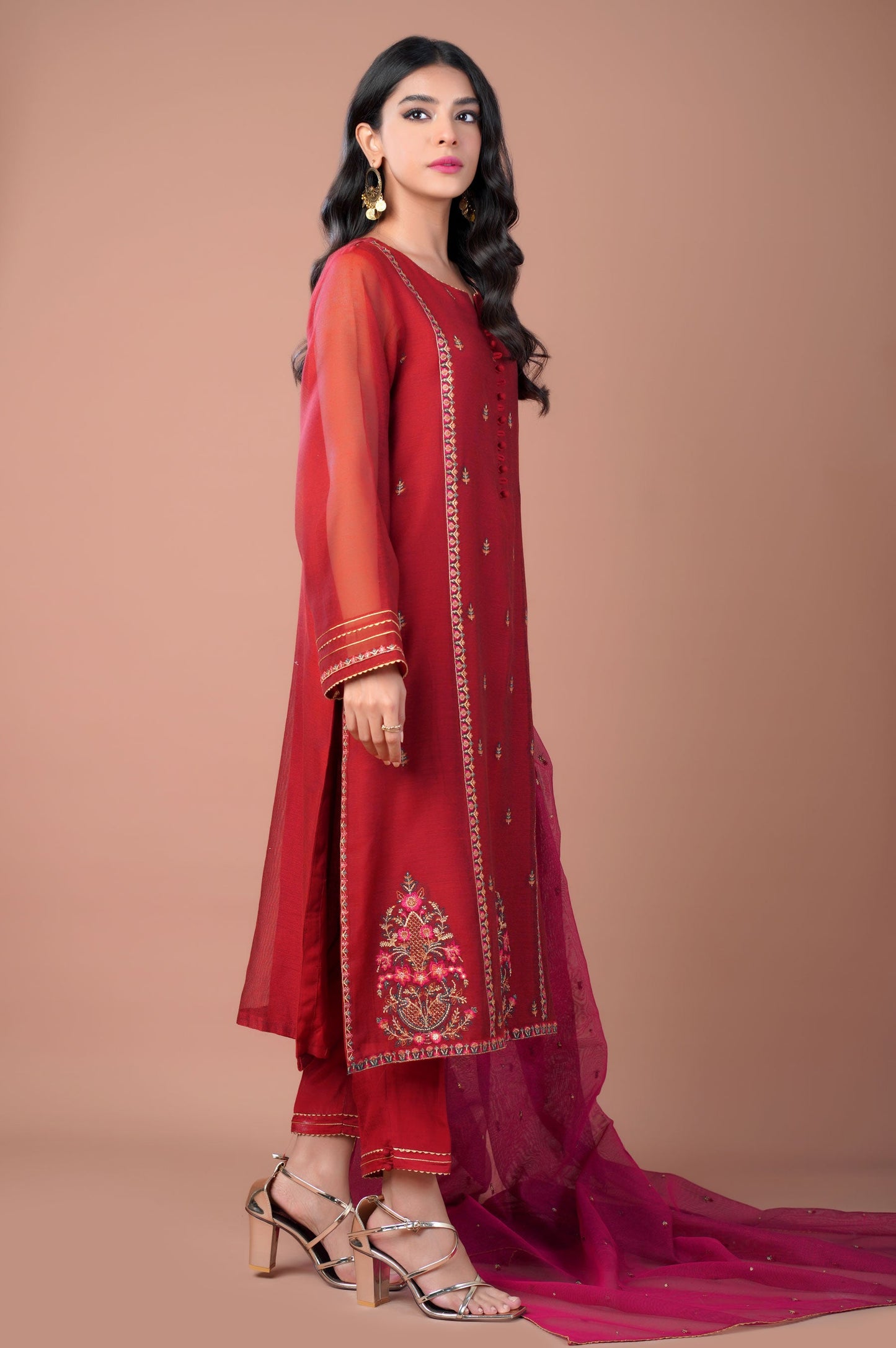 Stitched 3 Piece Khaddi Net Embroidered Outfit