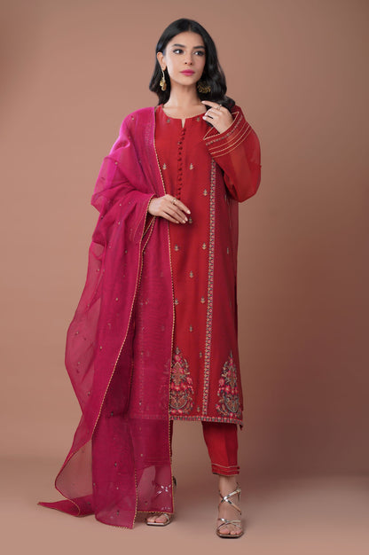 Stitched 3 Piece Khaddi Net Embroidered Outfit