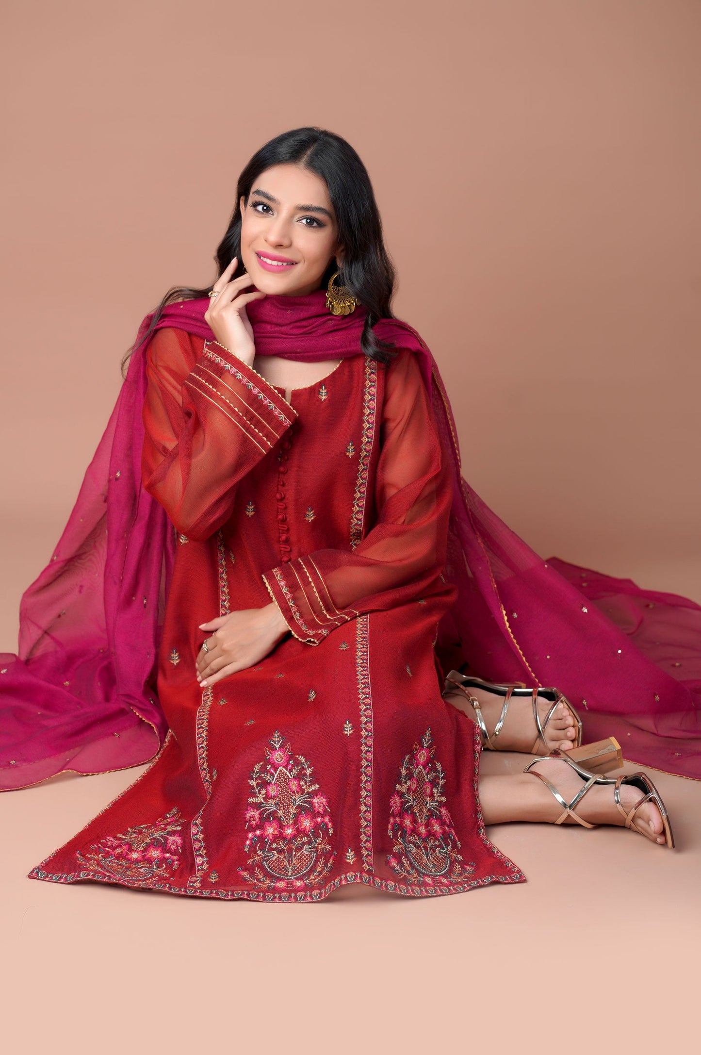 Stitched 3 Piece Khaddi Net Embroidered Outfit