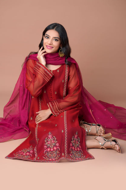 Stitched 3 Piece Khaddi Net Embroidered Outfit