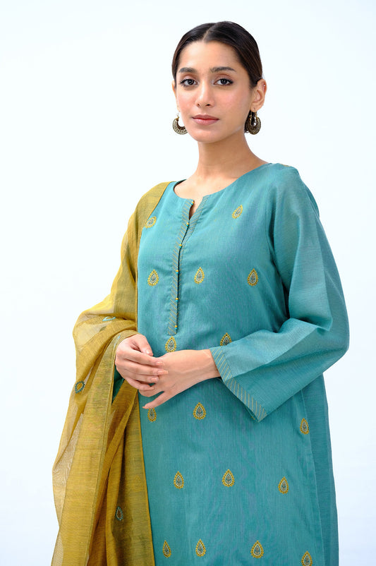 Stitched 3 Piece Cotton Net Embroidered Outfit