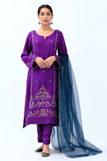 Stitched 3 Piece Rawsilk Embroidered Outfit