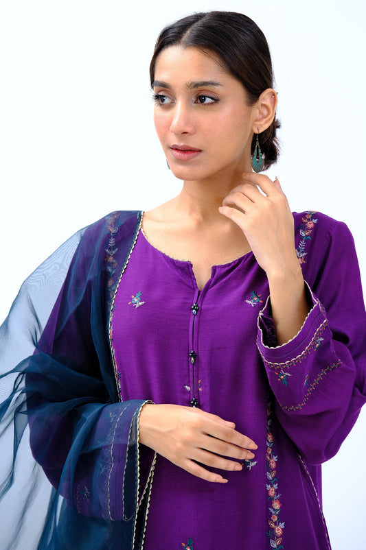 Stitched 3 Piece Rawsilk Embroidered Outfit