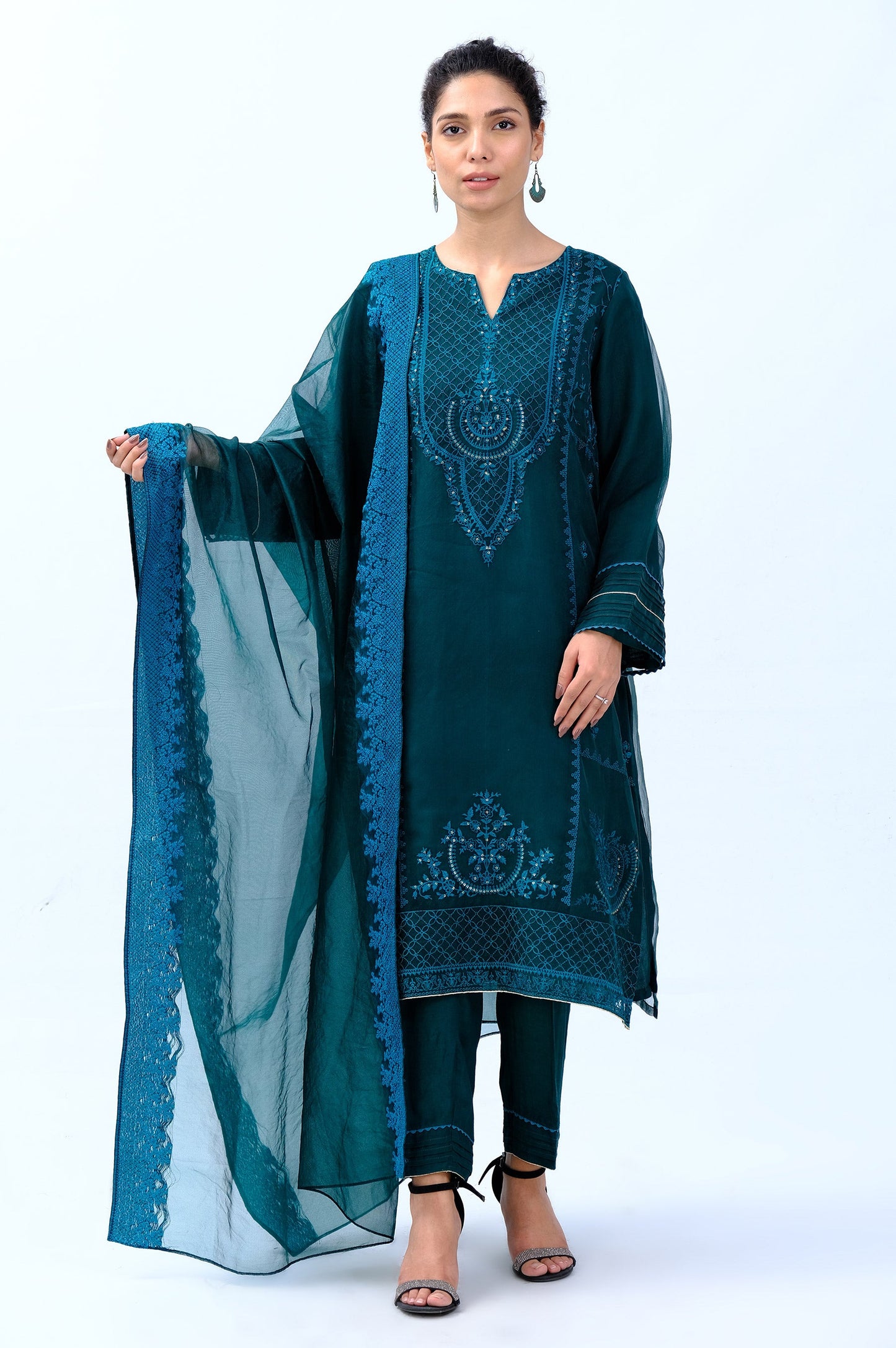 Stitched 3 Piece Organza Embroidered Suit