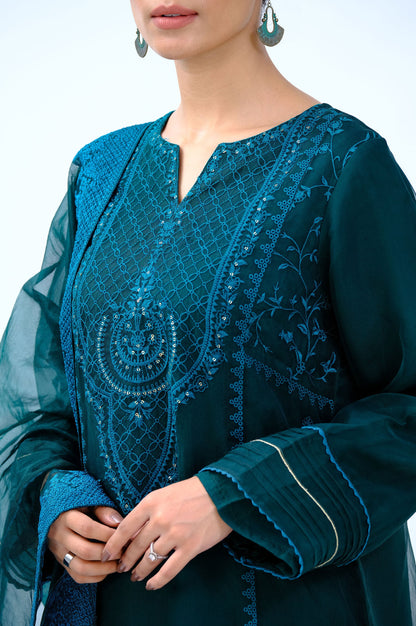 Stitched 3 Piece Organza Embroidered Suit