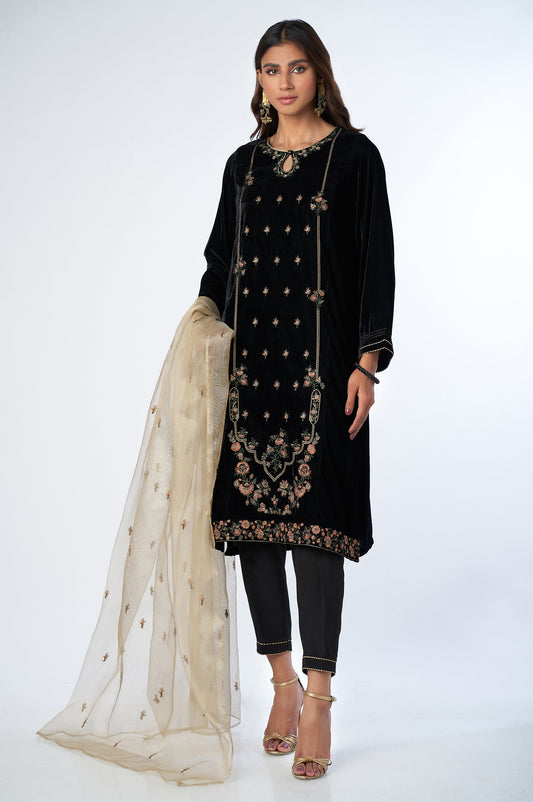 Stitched 3 Piece Velvet Embroidered Suit