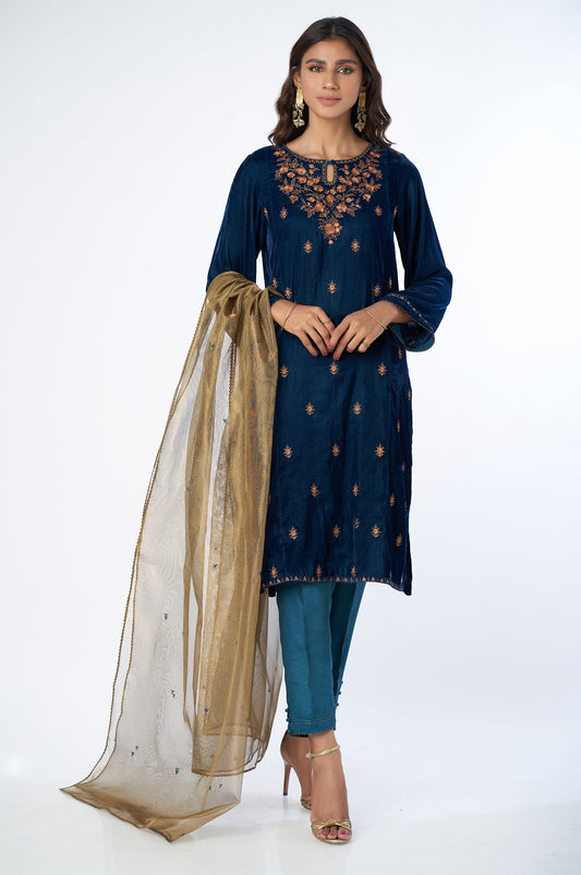 Stitched 3 Piece Velvet Embroidered Suit