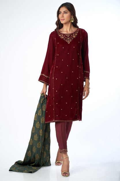 Stitched 3 Piece Velvet Embroidered Suit