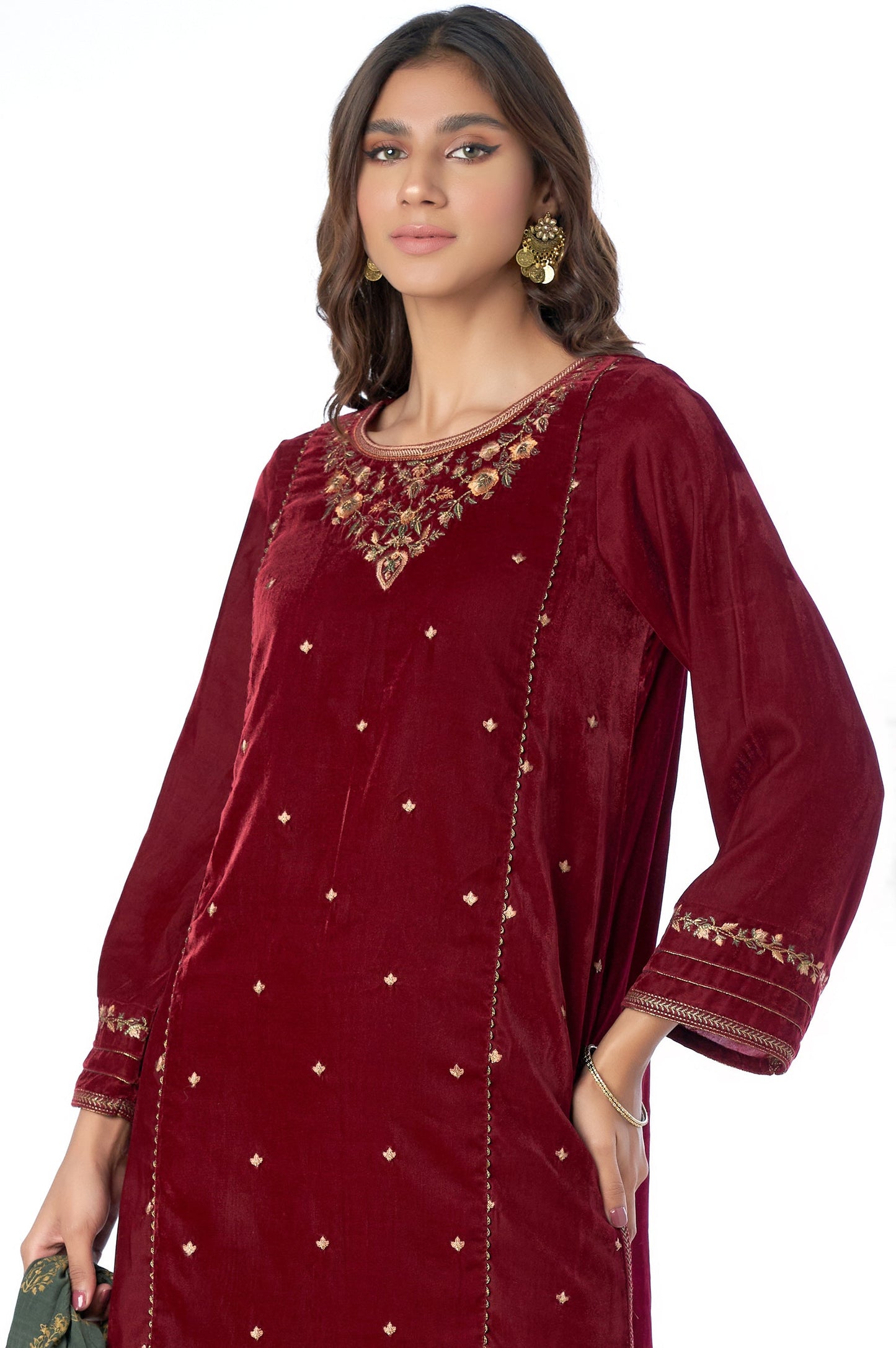 Stitched 3 Piece Velvet Embroidered Suit