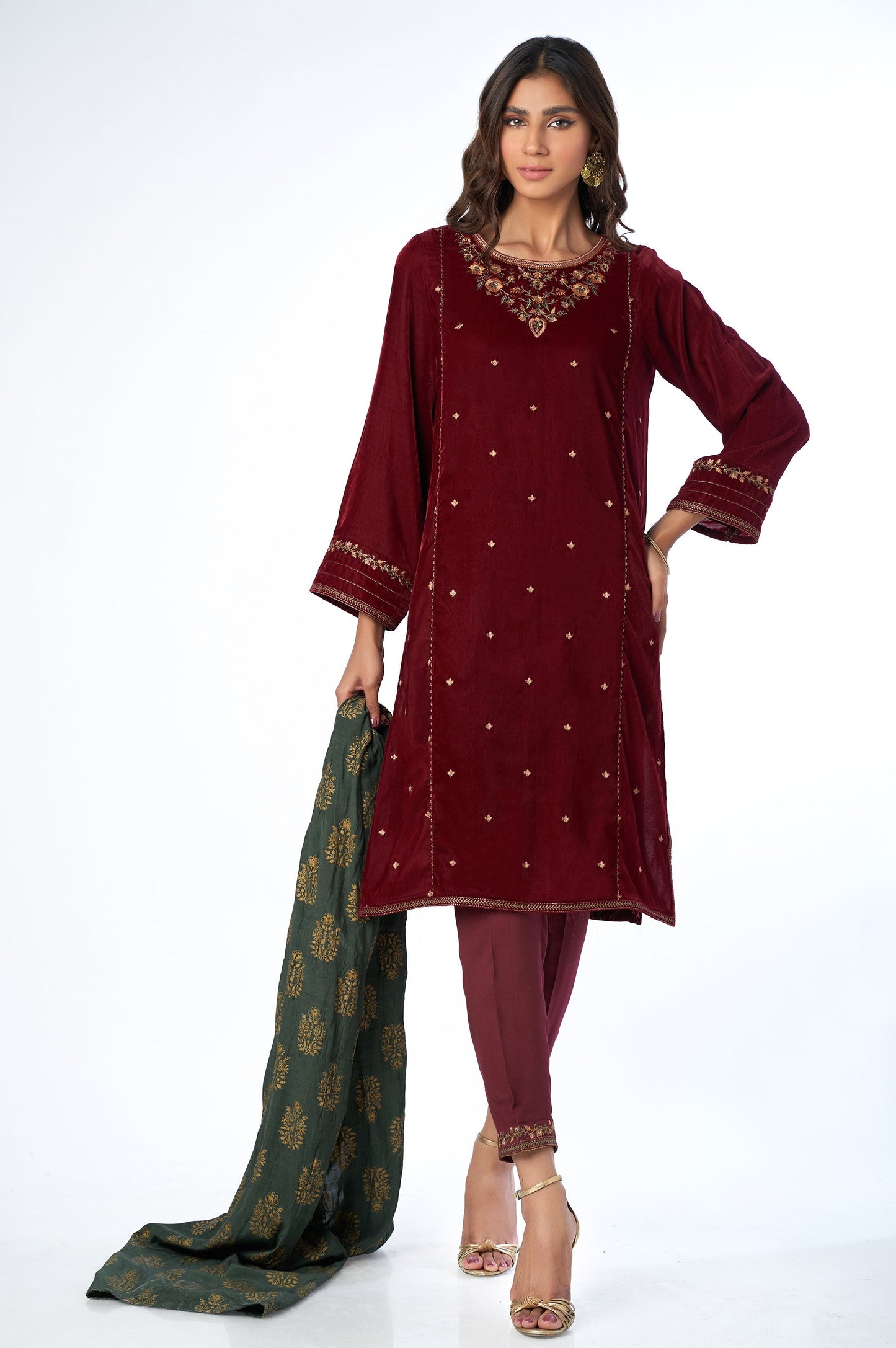 Stitched 3 Piece Velvet Embroidered Suit