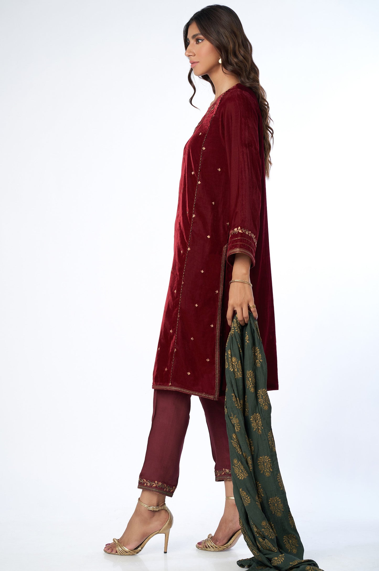 Stitched 3 Piece Velvet Embroidered Suit