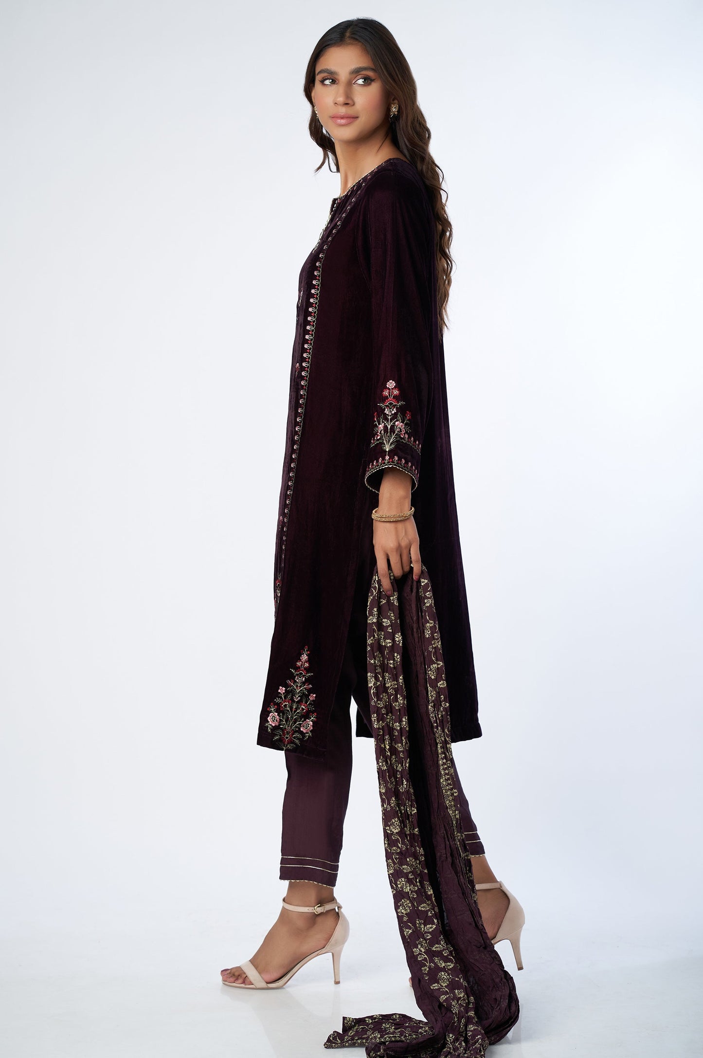 Stitched 3 Piece Velvet Embroidered Suit