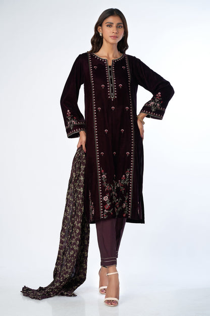 Stitched 3 Piece Velvet Embroidered Suit
