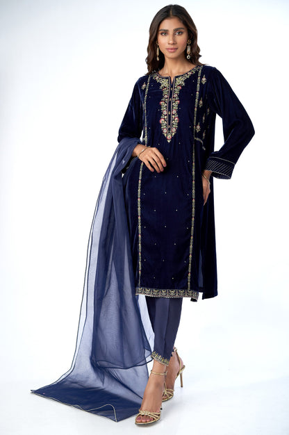 Stitched 3 Piece Velvet Embroidered Suit