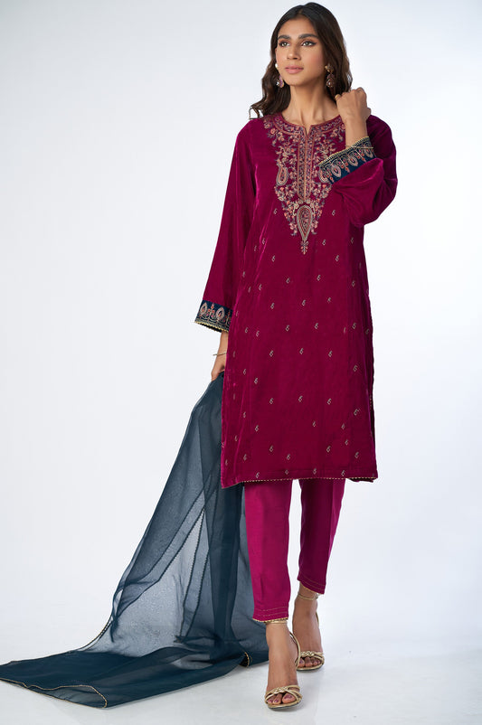 Stitched 3 Piece Velvet Embroidered Suit