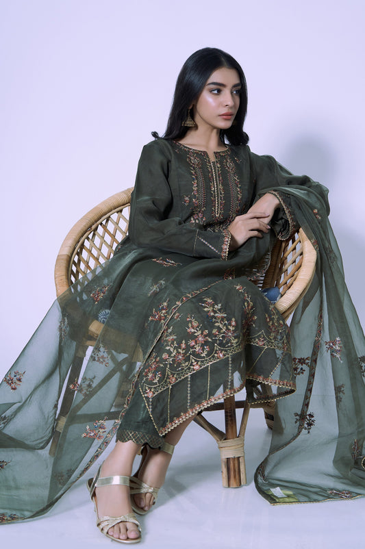 Stitched 3 Piece Organza Embroidered Outfit