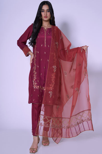 Stitched 3 Piece Rawsilk Embroidered Outfit.