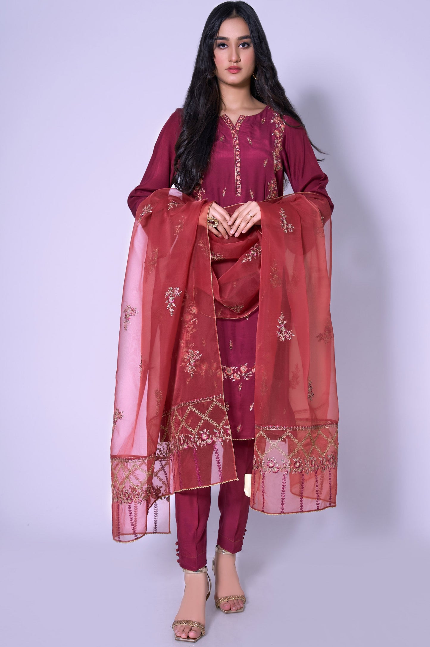 Stitched 3 Piece Rawsilk Embroidered Outfit.