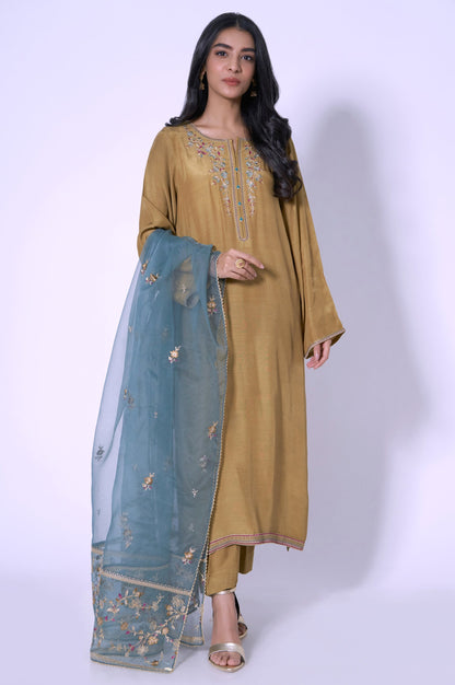 Stitched 3 Piece Embroidered Rawsilk Outfit
