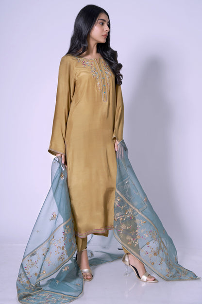 Stitched 3 Piece Embroidered Rawsilk Outfit