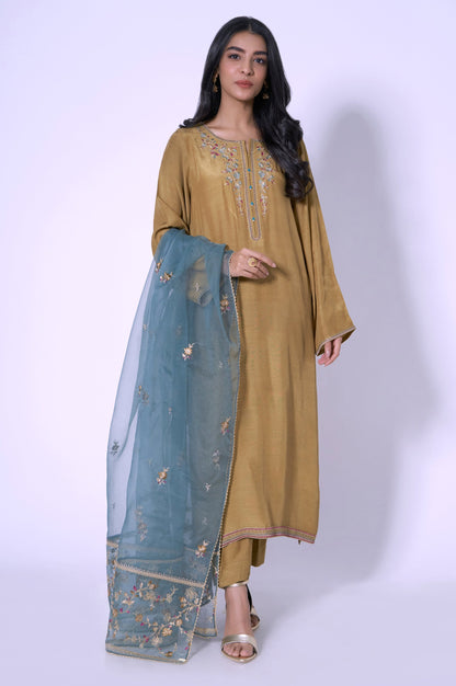 Stitched 3 Piece Embroidered Rawsilk Outfit
